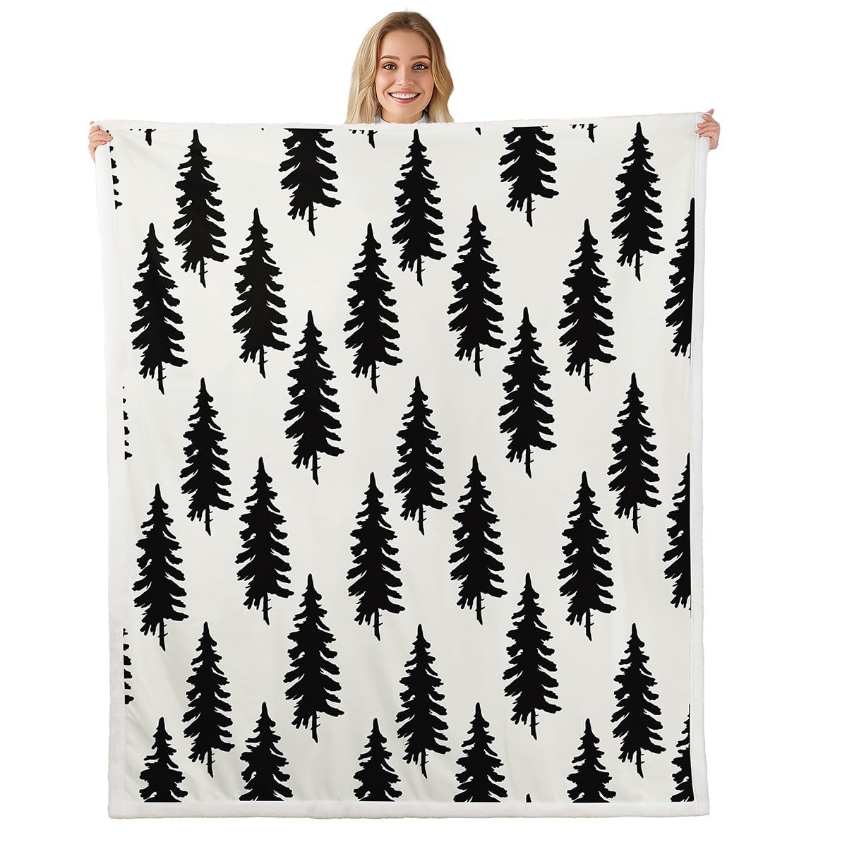 Christmas Pine Trees Print Decor Throw Blanket Black Plant White Hand Sketch Graffiti Bed Throws for Adult Bed Chair Sofa,Soft Lightweight Polyester Fleece Blanket, Throw Size (50 x 60 Inches)
