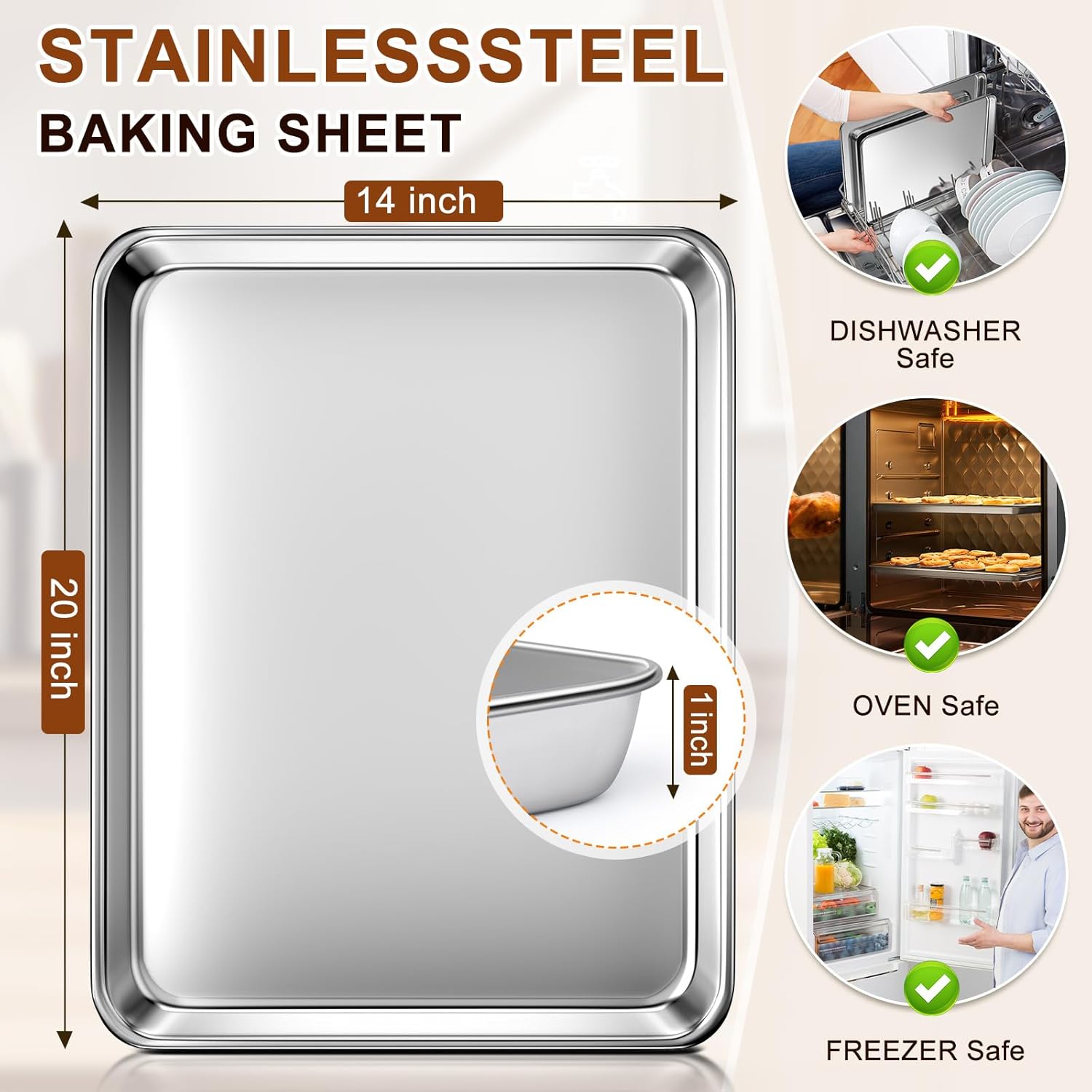 Skiennix Extra Large Stainless Steel Baking Sheet - Heavy Duty Nonstick Oven Tray (20" x 14" x 1")