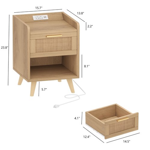 Keehusux Night Stands Set of 2, 13.8"W Nightstands with Charging Station, Boho End Table with LED Lights, Rattan Bed Side Table with Drawer & Metal Handle, Solid Wood Feet, for Bedroom, Dorm, Natural