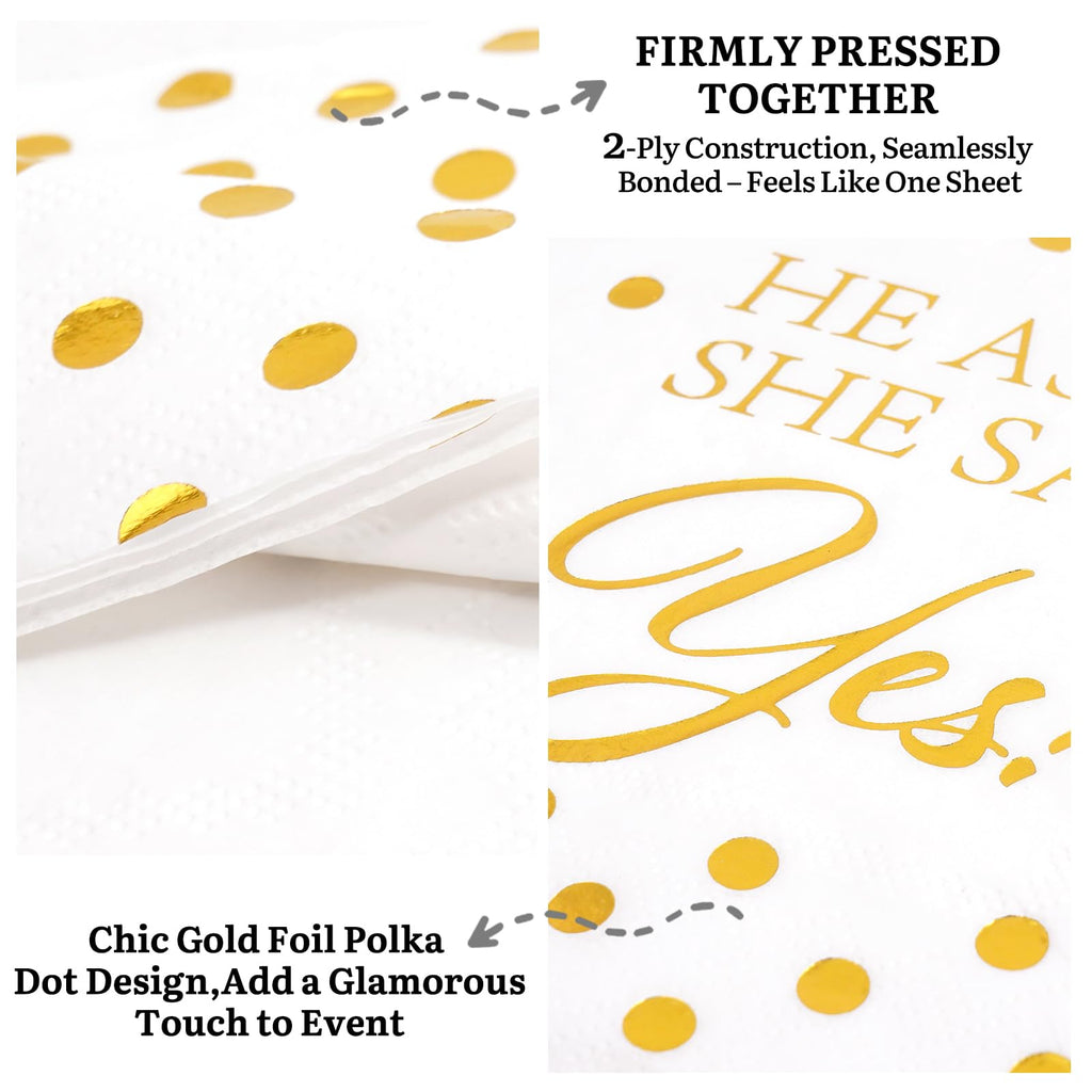 Jovialix She Said Yes Napkins, Engagement Party Napkins, Engaged Napkins – Disposable Cocktail Napkins for Bridal Shower & Bachelorette Decoration – Gold Foil Polka Dots, 6.5 x 6.5 in, 80 Pack