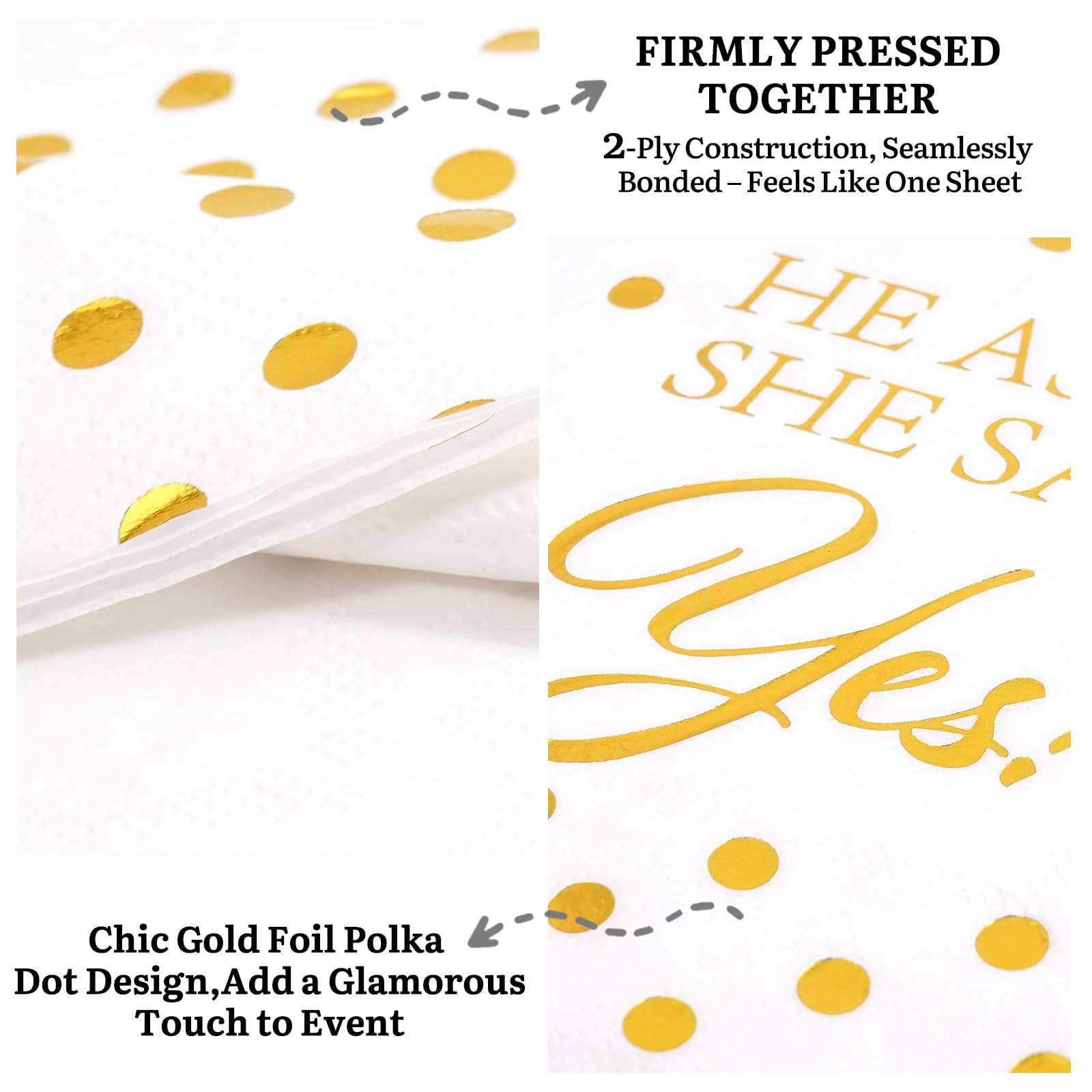 Jovialix She Said Yes Napkins, Engagement Party Napkins, Engaged Napkins – Disposable Cocktail Napkins for Bridal Shower & Bachelorette Decoration – Gold Foil Polka Dots, 6.5 x 6.5 in, 80 Pack