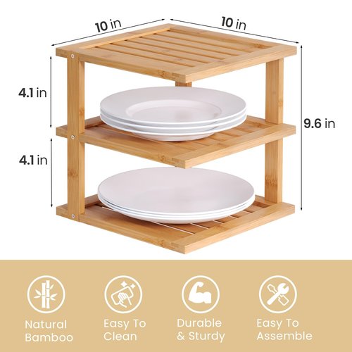 Danfoxer 2 Pack Bamboo Corner Shelf,3 Tier Kitchen Cabinet Organizer for Plates and Dishes,Pantry Storage and Spice Rack（Natural）