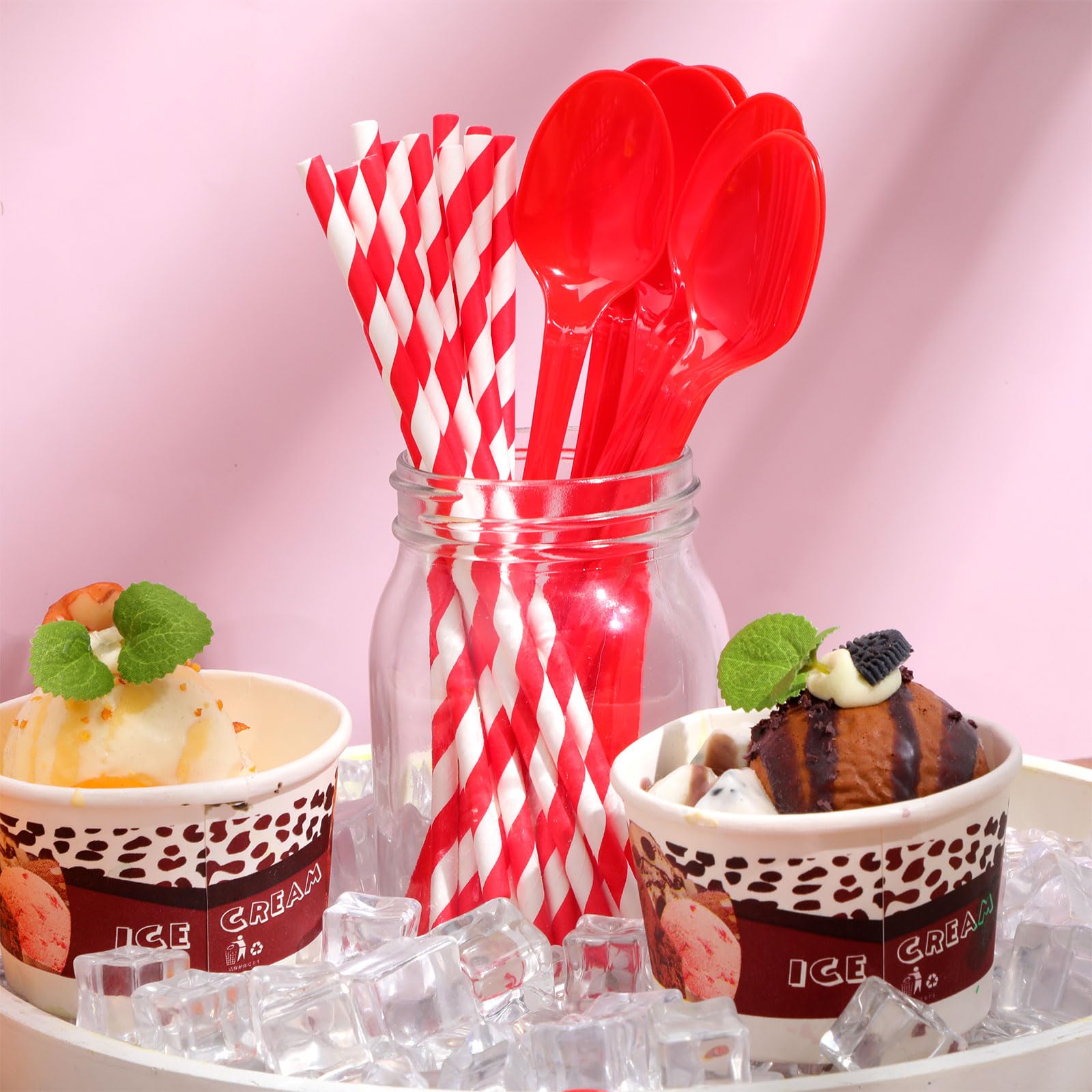 Potchen 100 Sets/200 Pcs 8.27 Inch Sundae Spoons and Red Paper Straws Heavy Duty Plastic Utensils Party Supply for Ice Cream,Milkshakes,Stirring Cocktails and Tall Ice Beverages