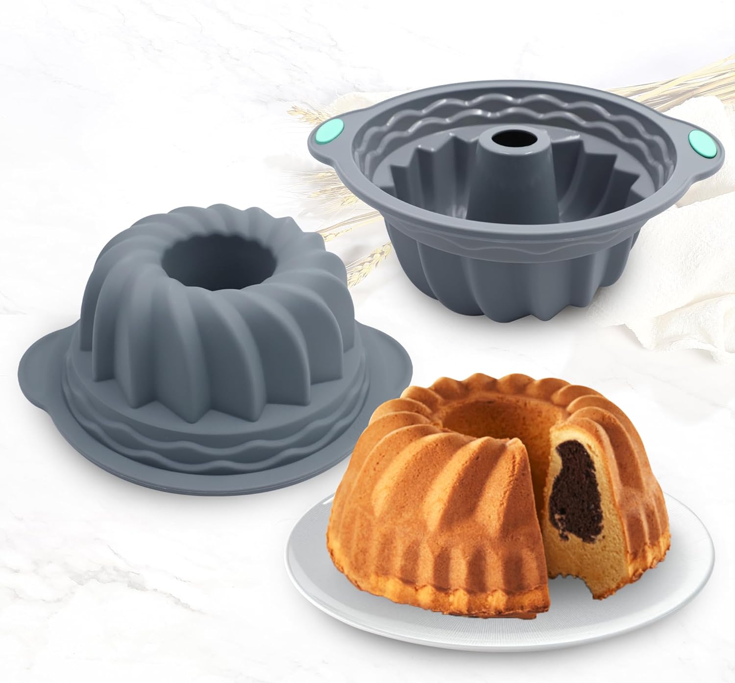 Tongjude Silicone Fluted Tube Cake Pans - 4-Piece Non-Stick Baking Set for Cakes, Jello & Bread - Grey