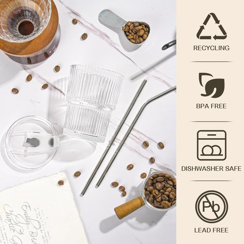 AUFXKOO 13oz Iced Coffee Cups,2Pcs Glass Cups with Lids and Straws Drinking Glasses,Clear Ribbed Glassware,Reusable Tumbler Glass to Go Cup for Matcha, Iced Tea,Juice