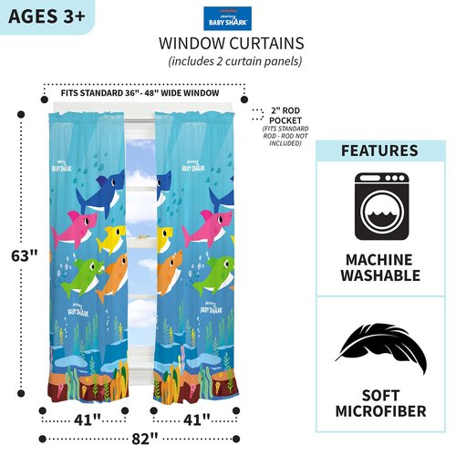 Franco Kids Room Window Curtain Panels Drapes Set, 82 in x 63 in, Baby Shark