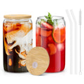sungwoo 2PCS Glass Cups with Bamboo Lids and Straws, 16OZ Ice Coffee Cup, Drinking Cup set with Wooden Lids, Home Essential Glass Tumblers for Beer, Cocktail, Tea and Latte Clear
