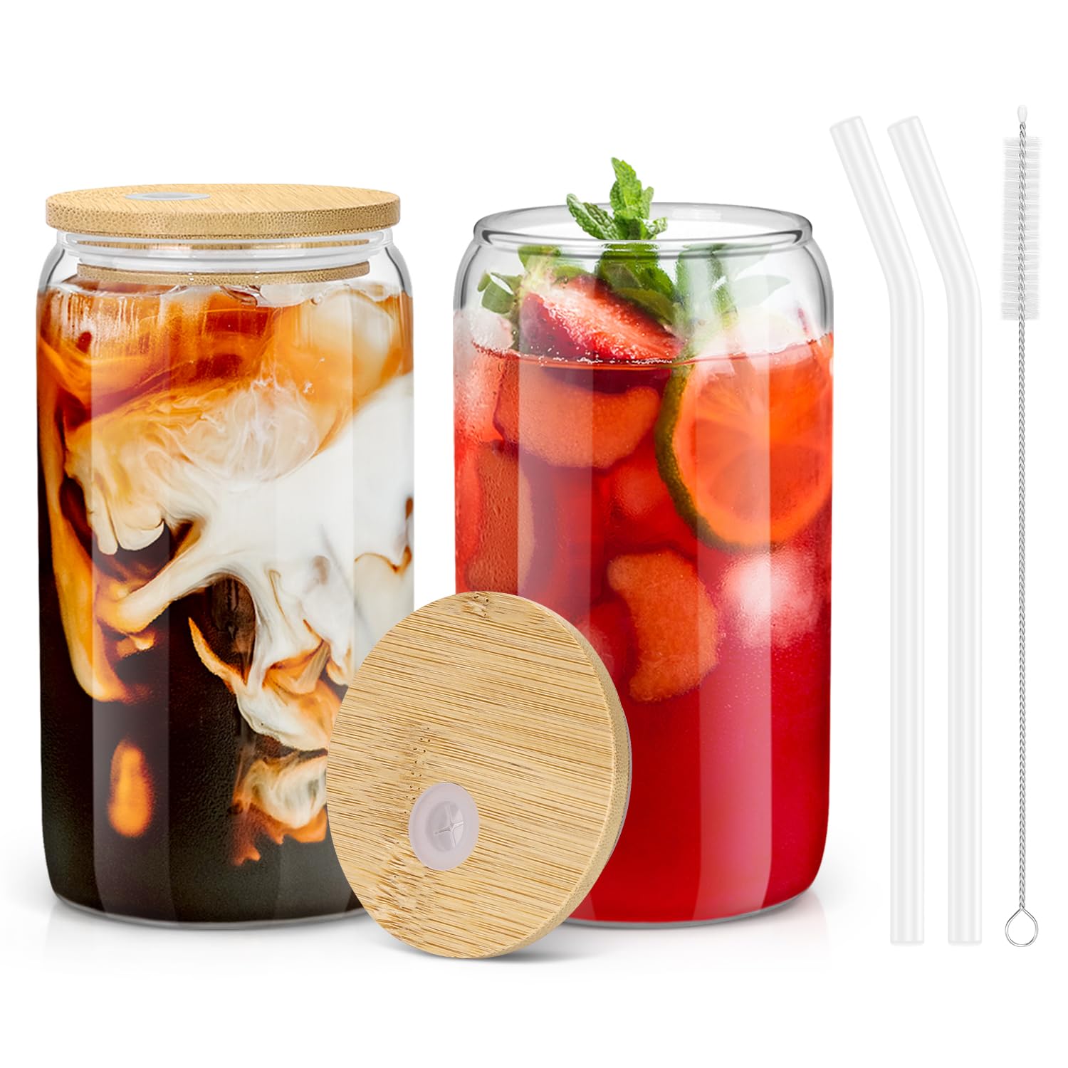 sungwoo 2PCS Glass Cups with Bamboo Lids and Straws, 16OZ Ice Coffee Cup, Drinking Cup set with Wooden Lids, Home Essential Glass Tumblers for Beer, Cocktail, Tea and Latte Clear