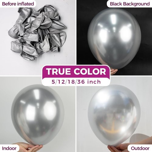 Bezente Metallic Silver Giant Balloons - 36 Inch Jumbo Chrome Silver Latex Balloons for Weddings & Parties