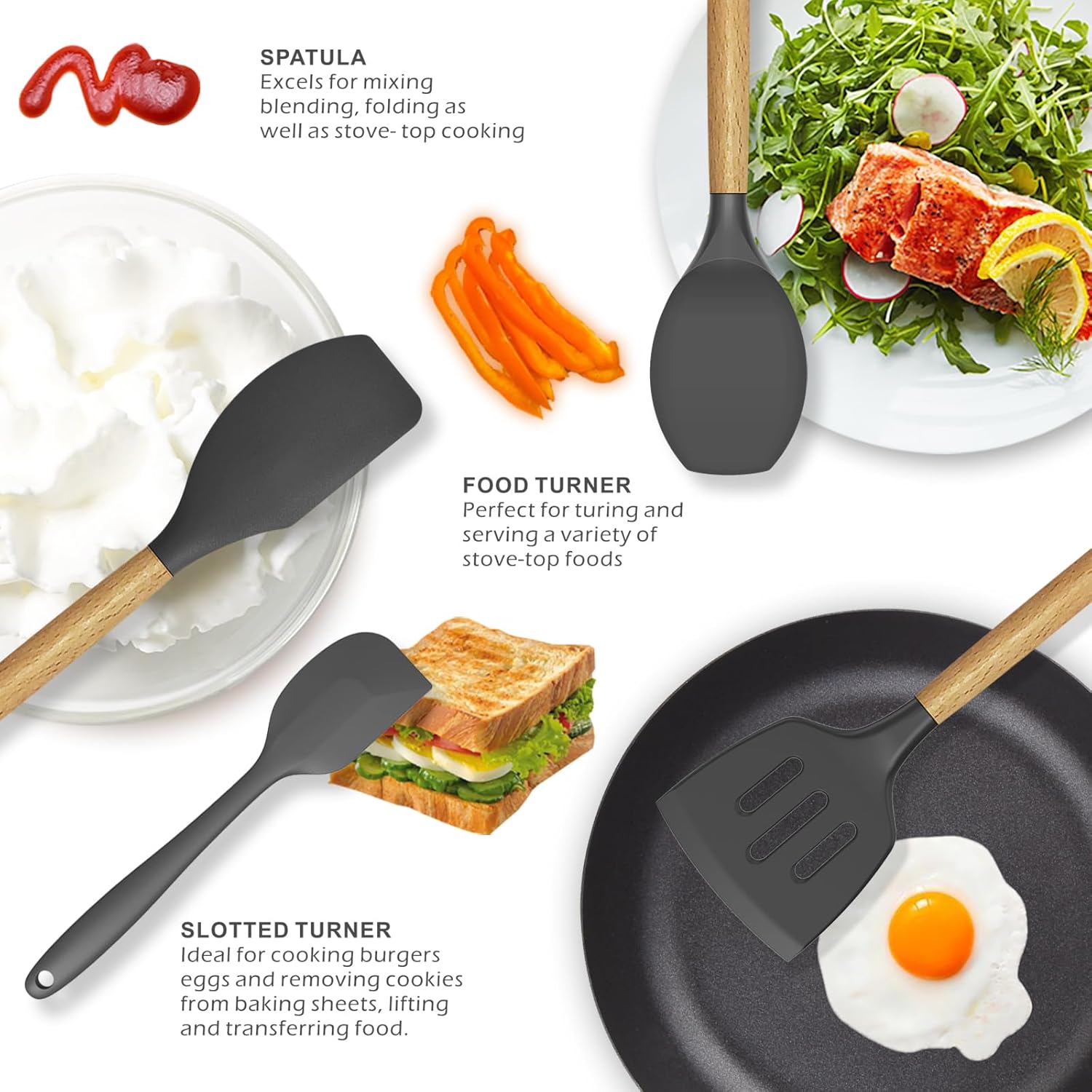 Oannao Silicone Cooking Utensils Set - 446°F Heat Resistant Kitchen Tools for Nonstick Cookware | Gray