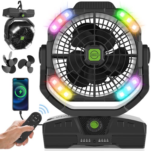 RUNTOP 20000mAh Camping Fan, Oscillating High Speed Rechargeable Battery Operated Fan w/RGB Light,Remote,Hanging Hook, Outdoor Portable Fans Battery Powered Personal USB Desk Fan for Tent, Travel