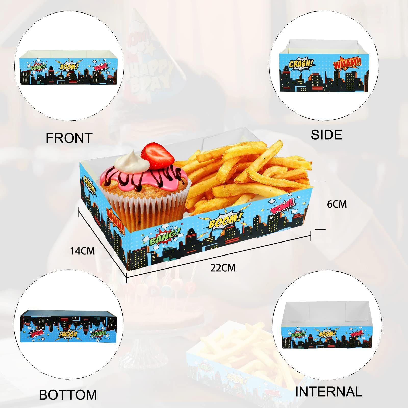 60 Pcs Superhero Party Supplies Snack Trays 4 Corner Food Boxes Superhero Party Decorations Paper Food Trays Superhero Birthday Party Favors Disposable Food Holder for Popcorn Nacho Theater Snack