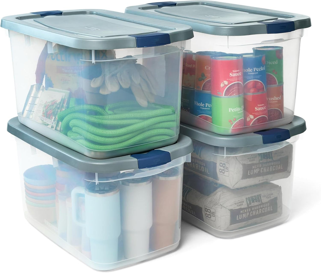 Rubbermaid Roughneck 66 Qt Storage Containers - Pack of 4 with Sturdy Grey Lids | Clear, Stackable Design