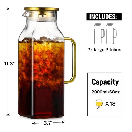 2 Pack 2 Liters/68 oz Square Glass Pitcher with Lid and Handle for Fridge, Iced Tea and Coffee Carafe Beverage Serveware, Heat Resistant Borosilicate Water Gold Jug for Hot/Cold Drinks and Milk