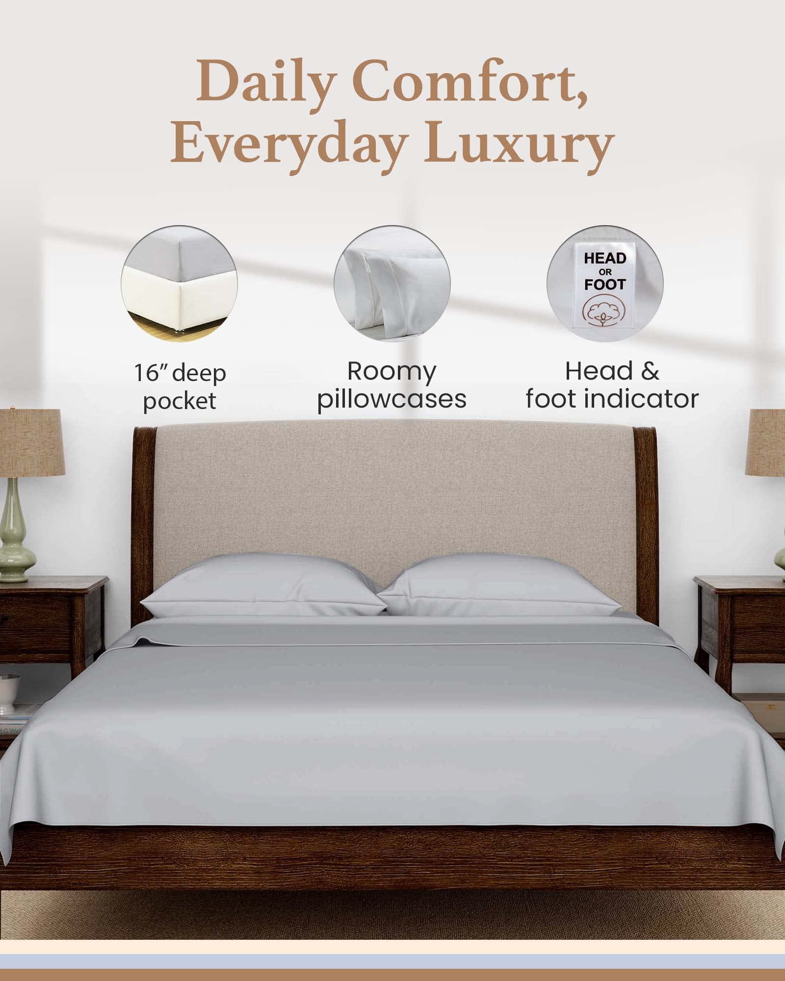 Olympic Queen Sheets Set, 100% Egyptian Cotton, Luxury 600 Thread Count, 4 Pc Super Queen Sheets Sets, Soft & Breathable, Snug Fit,16" Deep Pocket Fitted Sheet, 2 Pillowcases & 1 Flat Sheet,Light Gray