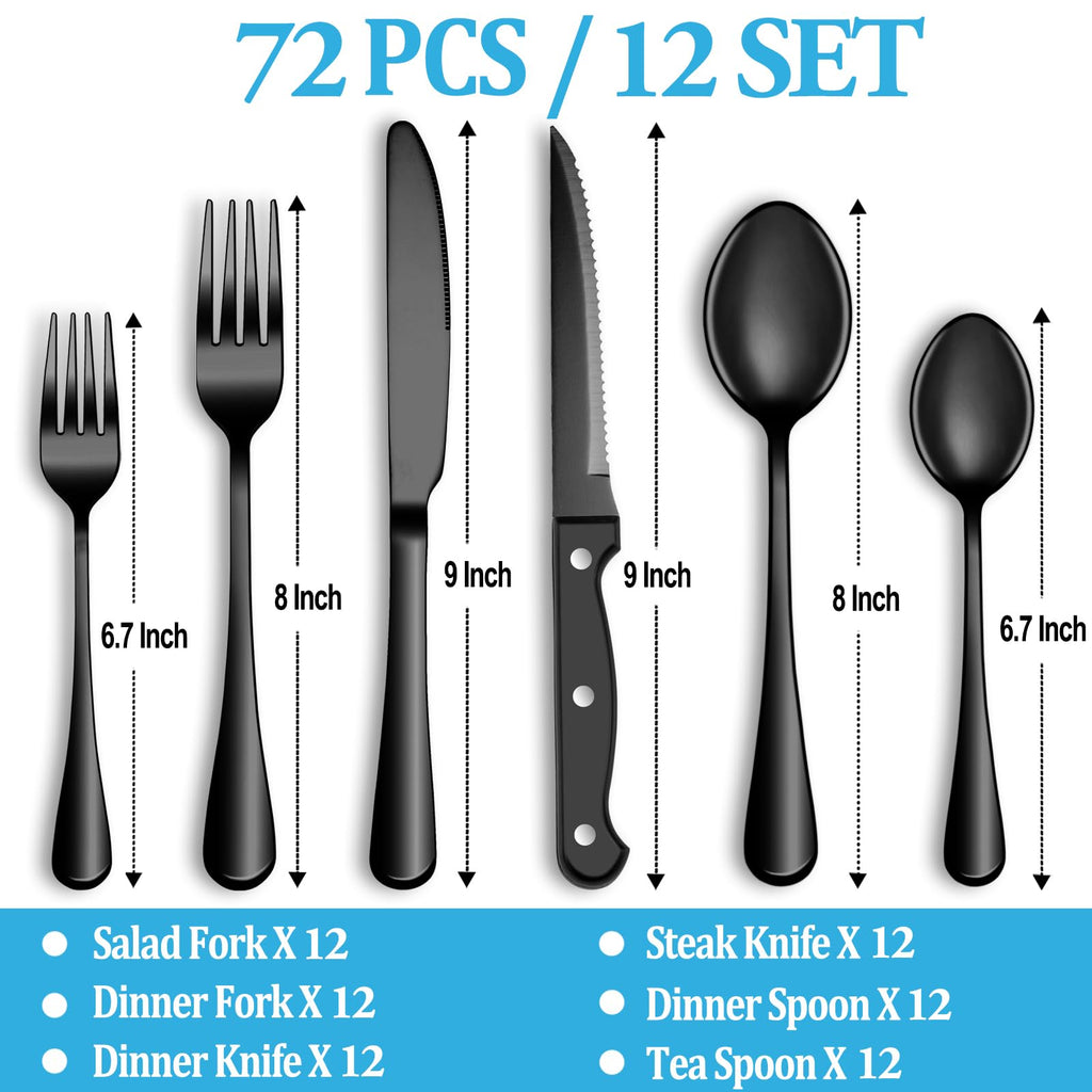 72 Pcs Black Silverware Set with Steak Knives, Stainless Steel Flatware Cutlery Set for 12, Kitchen Tableware Sets, Utensil Sets for Home and Restaurant, Dishwasher Safe