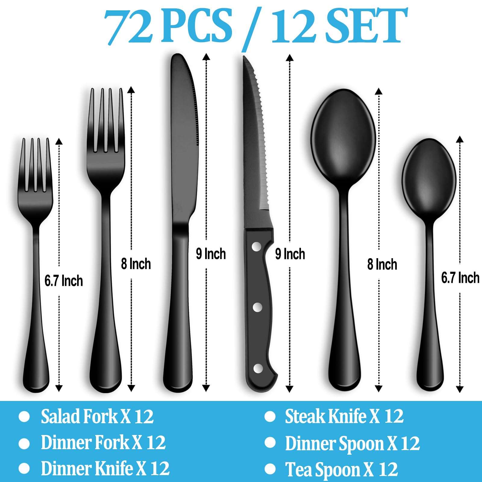 72 Pcs Black Silverware Set with Steak Knives, Stainless Steel Flatware Cutlery Set for 12, Kitchen Tableware Sets, Utensil Sets for Home and Restaurant, Dishwasher Safe