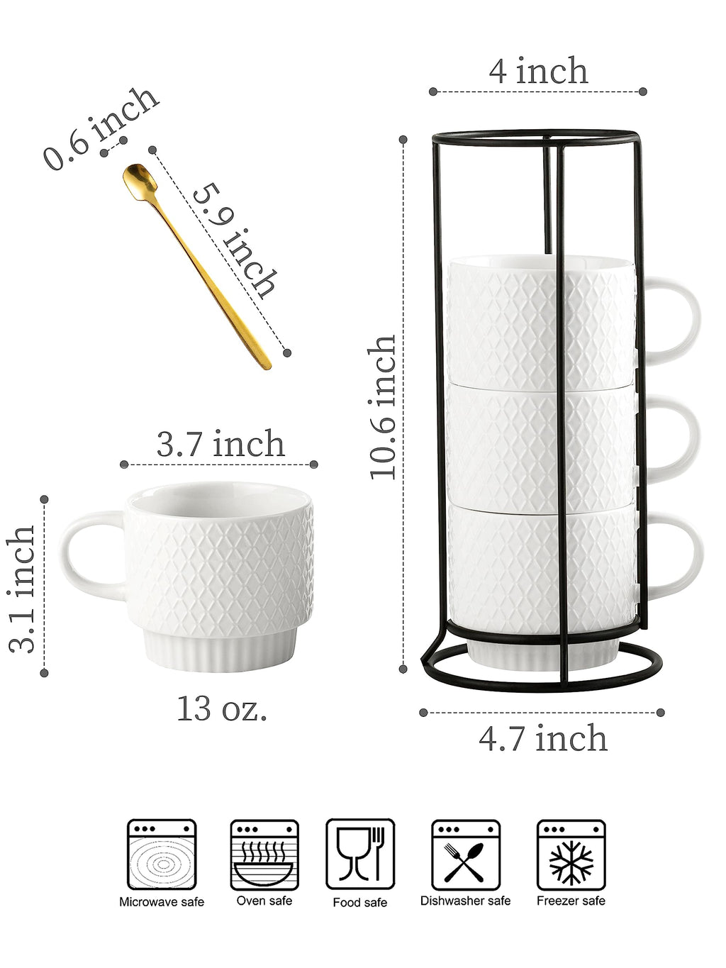 LYEOBOH Stackable Coffee Mugs with Rack, 13 oz Ceramic Coffee Mug Set of 4 with Stand, Latte Cup with Spoon, Cappuccino Cups for Hot Cocoa, Milk, White