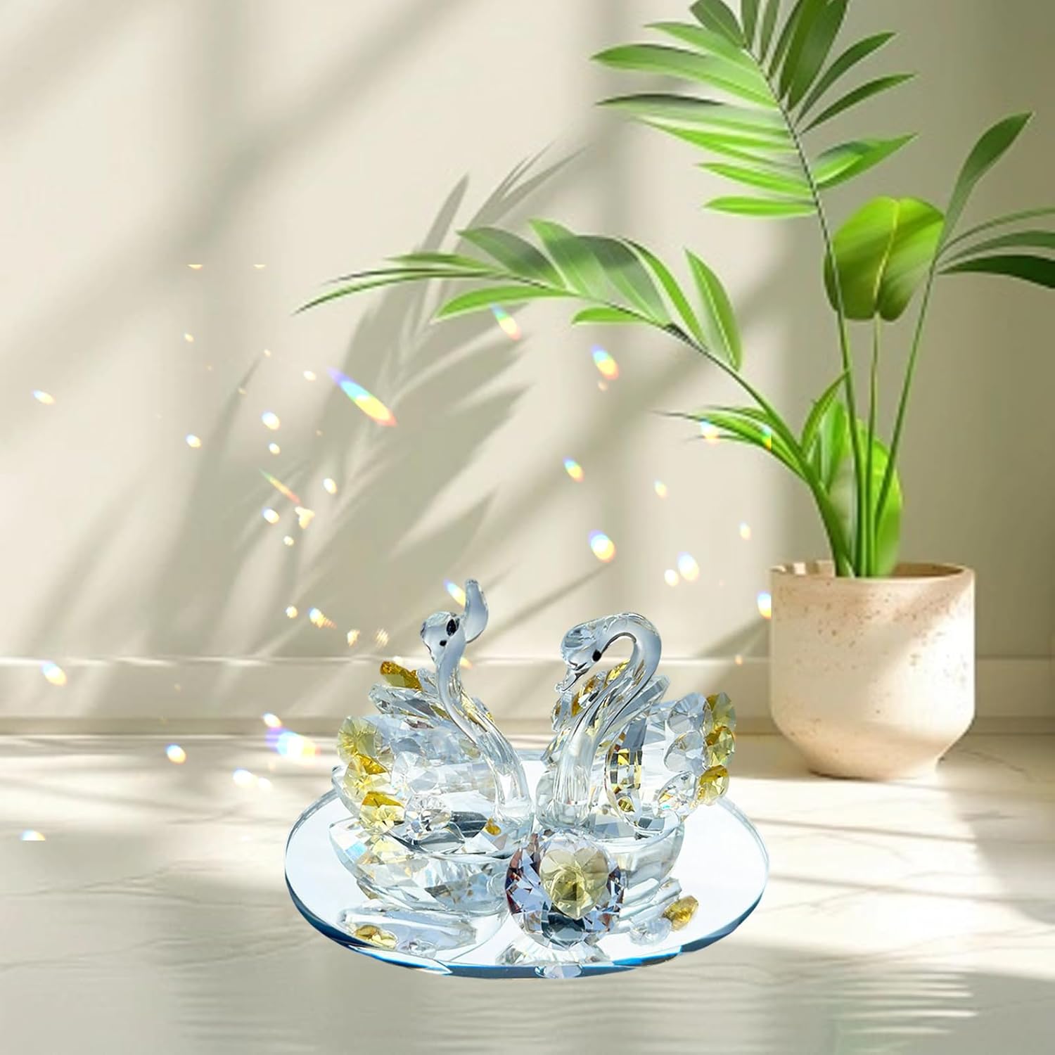Skiennix Handcrafted Crystal Swan Figurine - Elegant Decorative Glass Sculpture for Home & Gifts (Golden)