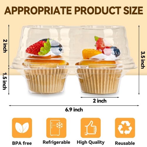 NPLUX 2 Count Cupcake Containers 25 Pack Cupcake Holder with Connected Airtight Lid Cupcake Boxes for 50 Cupcakes Muffins, BPA Free, Standard Size