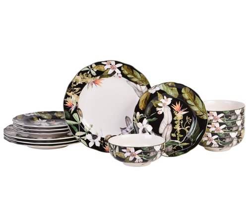 222 Fifth 12-Piece Porcelain Dinnerware Set for 4, Black & White Plates and Bowls Set with Tropical Floral Design, Glossy Ceramic Dish Set, Kitchen Tableware, Microwave & Dishwasher Safe, Borneo