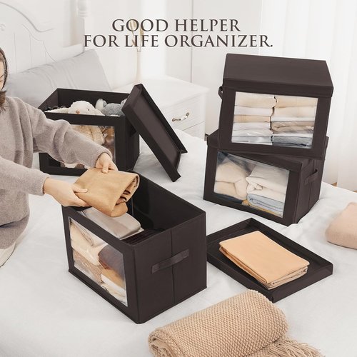 Homsorout Stackable Storage Bins - Large Foldable Closet Organizers with Lids | 6 Pack, Brown