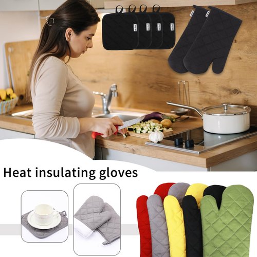 Win Change Oven Mitts and Pot Holders Sets,6 Pcs Oven Mitts and Potholders with Recycled Cotton High Heat Resistant Extra Thick Long Oven Mitts for Cooking(Black)