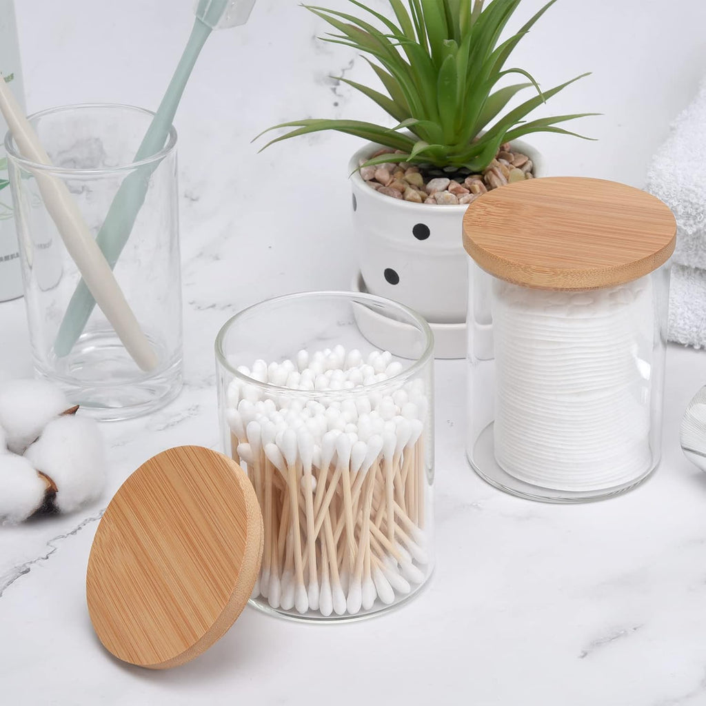 BKYFPQ Glass Qtip Holder Dispenser Set - Stylish Apothecary Jars with Lids | Vanity Makeup Organizer