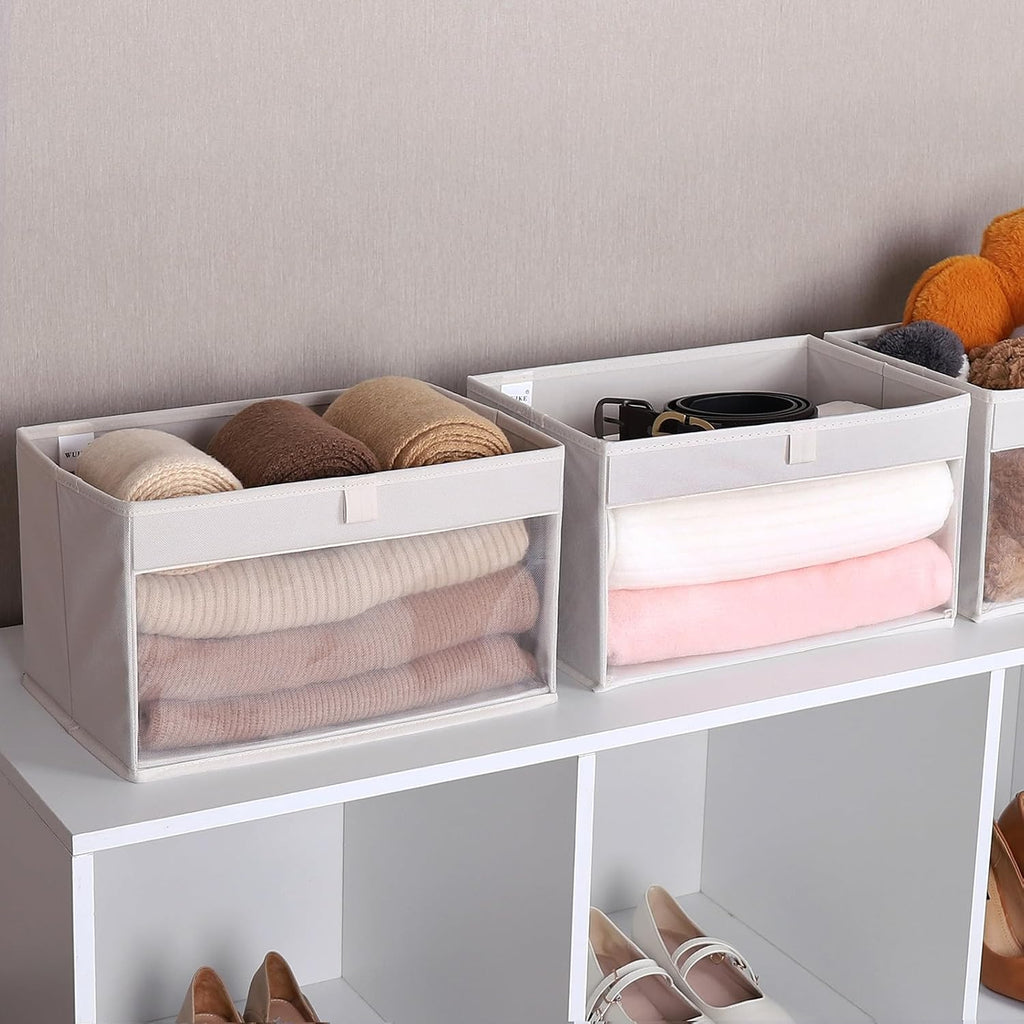WUIKE Fabric Storage Bins - Large Foldable Organizer Baskets with Clear Window | Beige, 3-Pack
