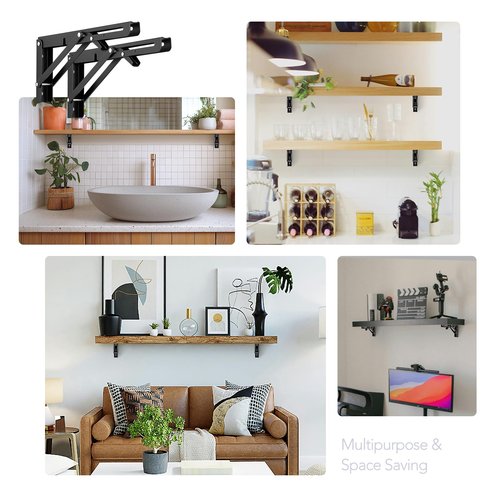 JOY DECOR 12 Inch Heavy Duty Folding Shelf Brackets, 2 Pack (1 Pair) Collapsible Wall Mounted Brackets for Fold Down Table, Stainless Steel Folding Table Hinge, Matte Black
