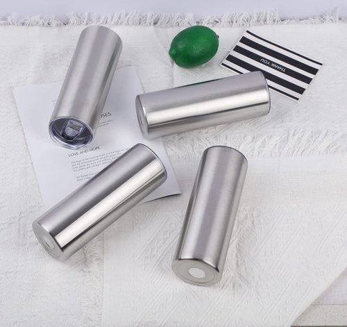 Wzaytia 24 Pack 20 Oz Stainless Steel Straight Tumblers, Insulated Slim Skinny Travel Cup Set, BPA-Free Lids and Straws Included, Silver