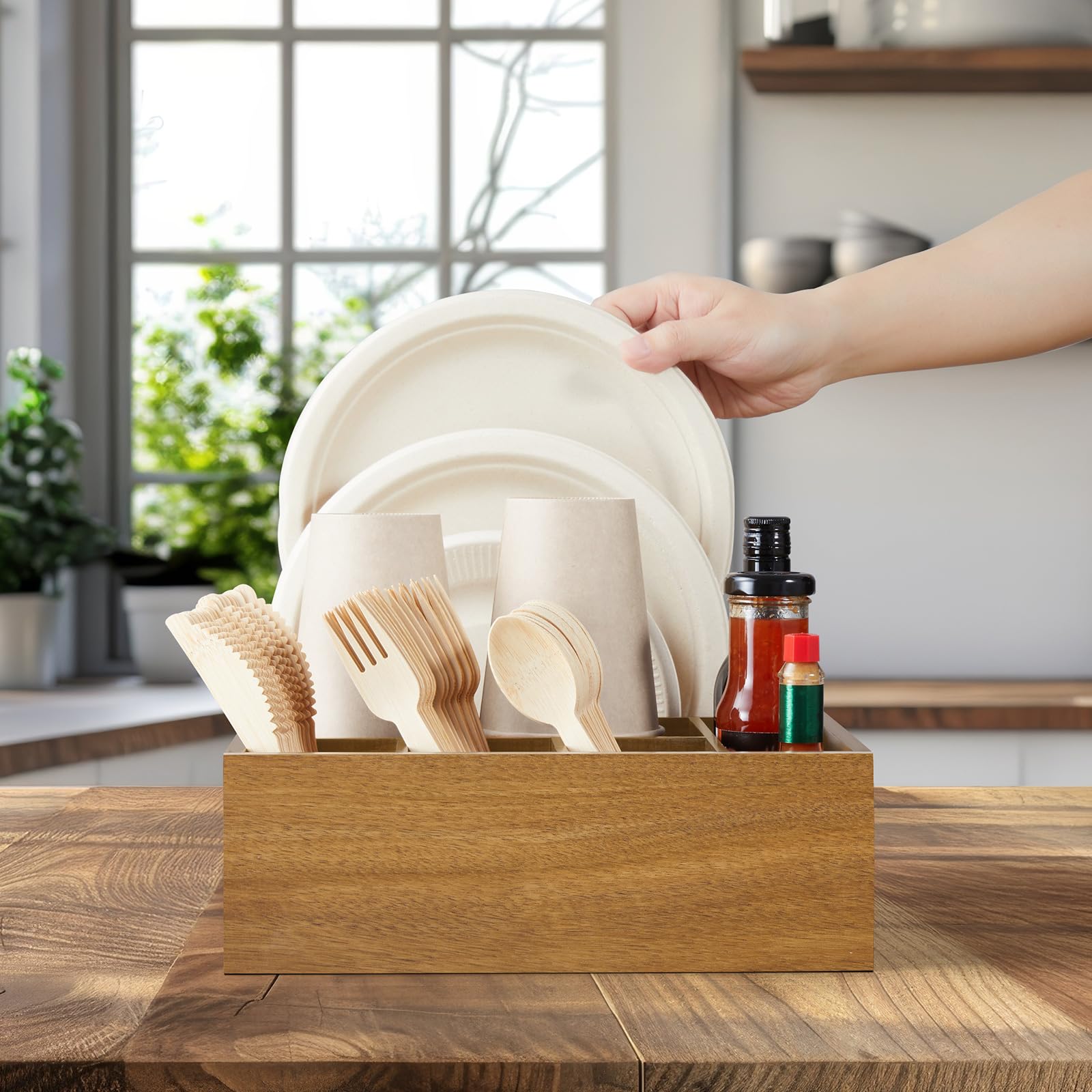 Acacia Wood Utensil Holder for Party, 6-Compartment Paper Plate and Silverware Organizer with Handles, Rustic Utensil Caddy for Parties, Outdoor Gatherings, and Kitchen Countertop Organization