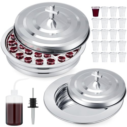 Zhehao 2 Pcs Communion Set Holy Trays for Churches with Lid Communion Plates with Lid Churches Cups Filler and Disposable Cups Supplies (Silver)