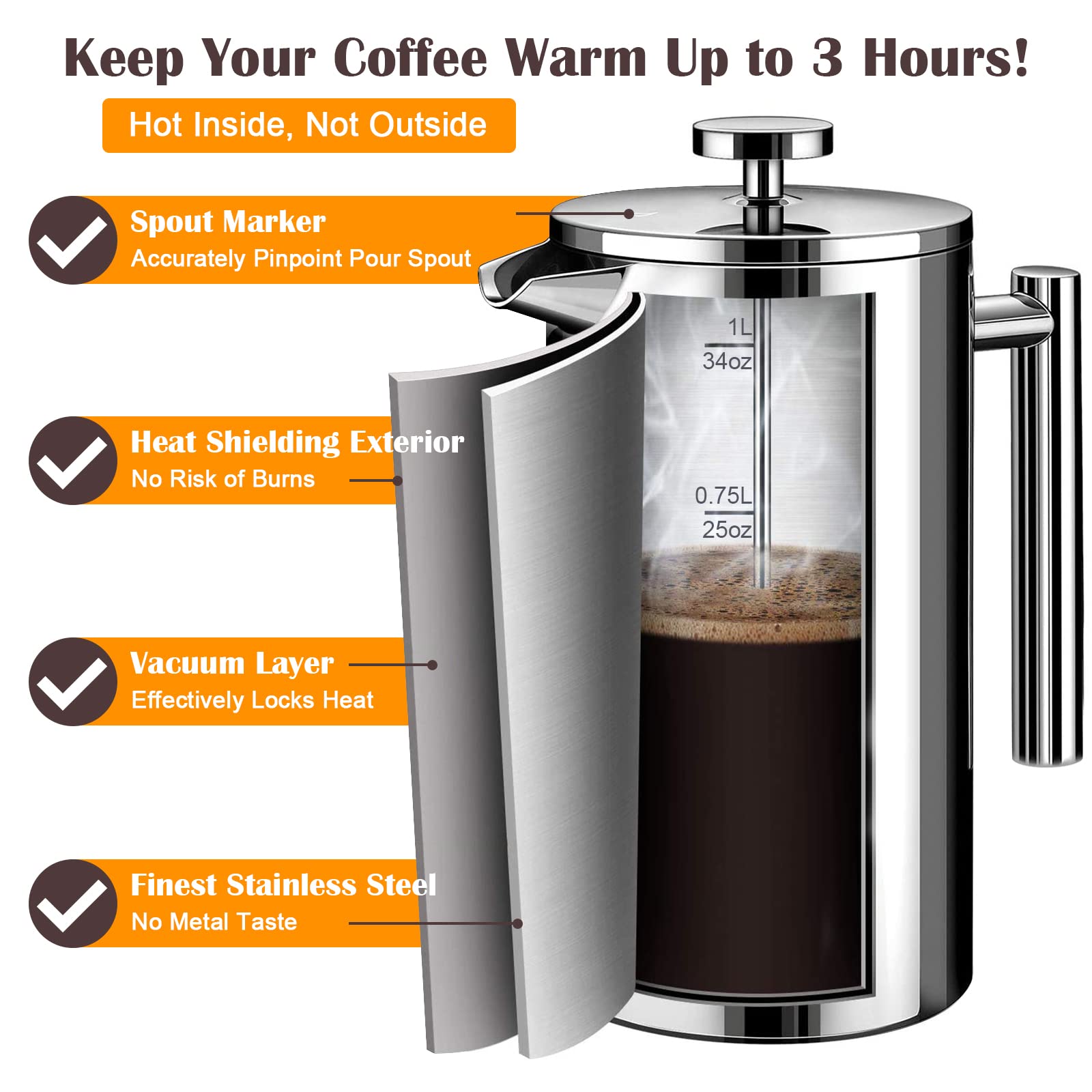 LANTE French Press, 600ml Double Insulated 304 Stainless Steel Coffee Tea Maker 4 Level Filtration System, No Coffee Grounds, Rust-Free, Dishwasher Safe for Single Use