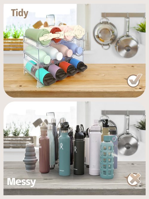 TIDY SAVANT Water Bottle Organizer - 3 Pack Clear Stackable Bottle Storage Rack and Wine Rack for Stanley Yeti Bottle and Other Tumbler Organizer for Kitchen Cabinets, 3 Tier Hold 12