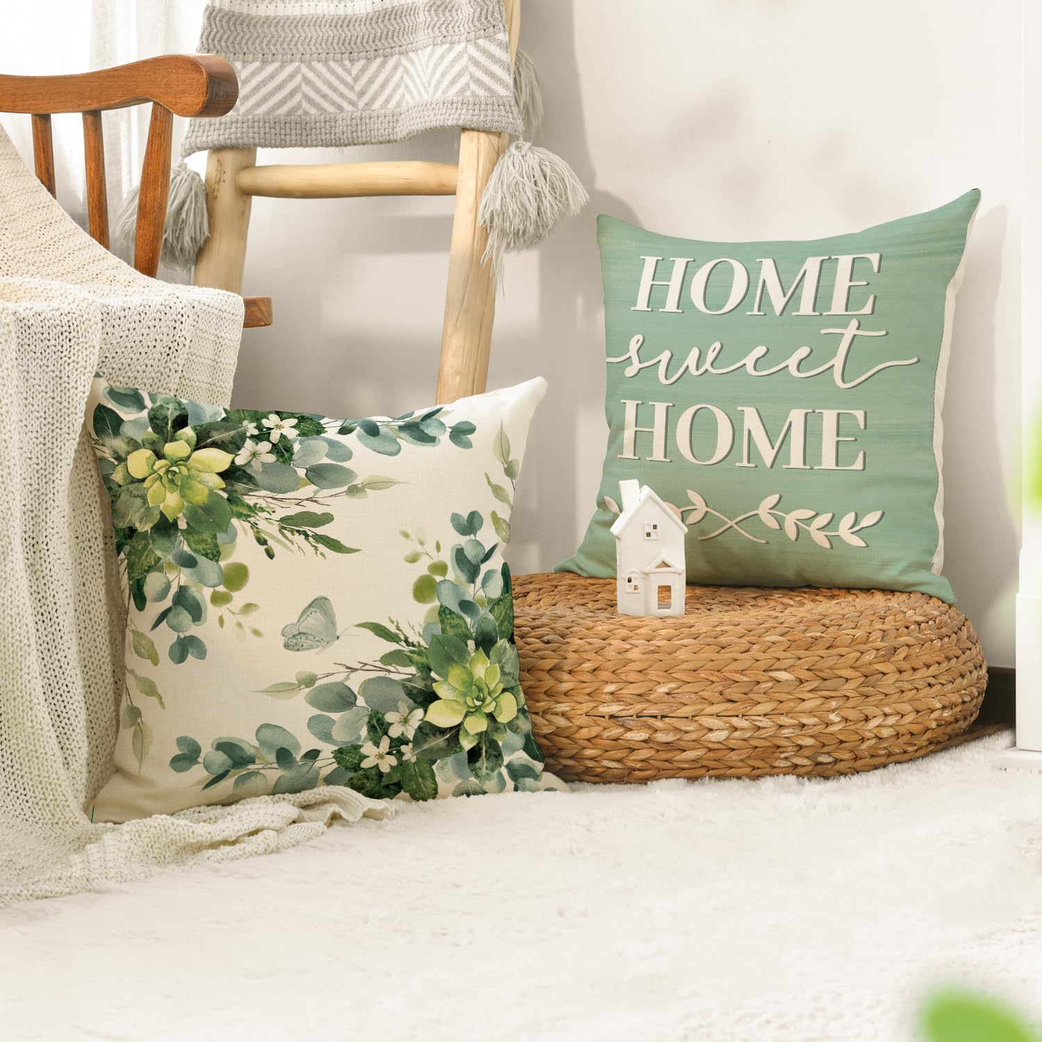 AVOIN colorlife Spring Home Sweet Home Eucalyptus Leaves Throw Pillow Covers, 18 x 18 Inch Seasonal Fall Motto Green Cushion Case for Sofa Couch Set of 4