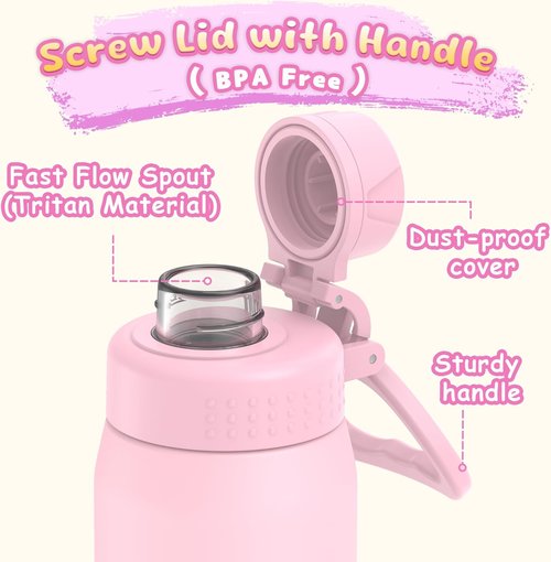 GOPPUS Kids Water Bottle - 15oz Stainless Steel Insulated, Leakproof & BPA Free - Pink for School