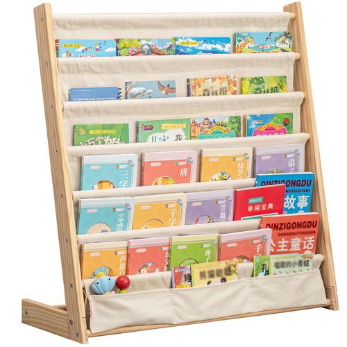 CYMFBSFBU 7 Tier Wooden Kids Bookshelf Book Holder Natural Wood Book Rack Storage Bookshelf for Kids Room Study Room Play Room Toy Storage Organizer (W: 29.52")