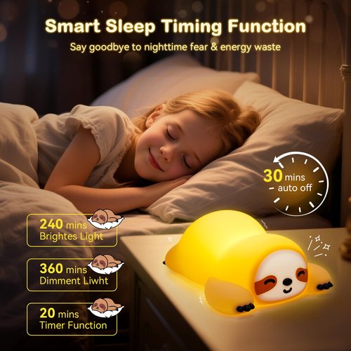 TCMOT Cute Sloth Night Light for Kids, 3-Level Dimmable Nursery Nightlight, Silicone Squishy Light Up Sloth Gifts, Rechargeable Bedside Touch Lamp for Breastfeeding Toddler Baby Kids Decor