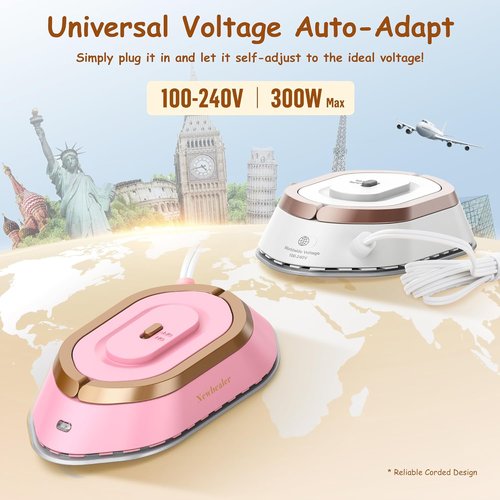 Newbealer Travel Iron Bundle - Dual Voltage Smart Steam Iron with Non-Stick Ceramic Soleplate | Gold