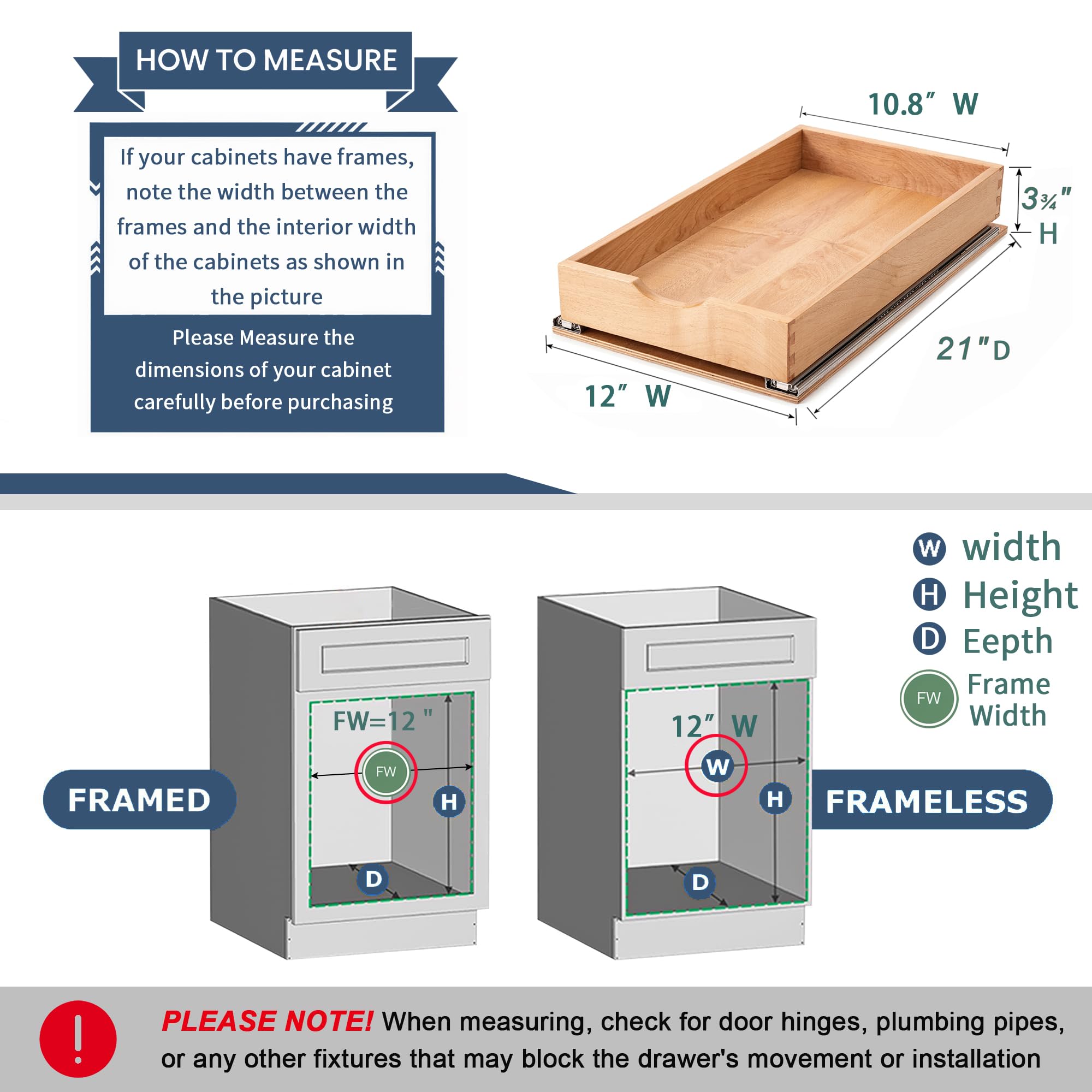 Draworia Pull Out Cabinet Drawers - 6x2 Size Options (12-23'W,18-21'D), Pre-Assembled with Soft Close Slides, Solid Beechwood, Easy Installation(12'W x 21'D)