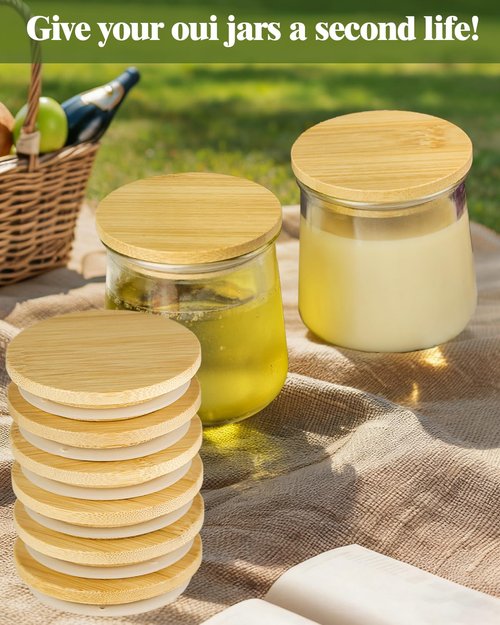 TERESRY 8 Pack Oui Yogurt Jar Lids with 8 Labels, Food-Grade Bamboo Lids for 5Oz Oui Yogurt Jars, Reusable Wooden Canning Covers Perfect for Oui Yogurt Bottle with Airtight Seal Ring(Jar not Included)