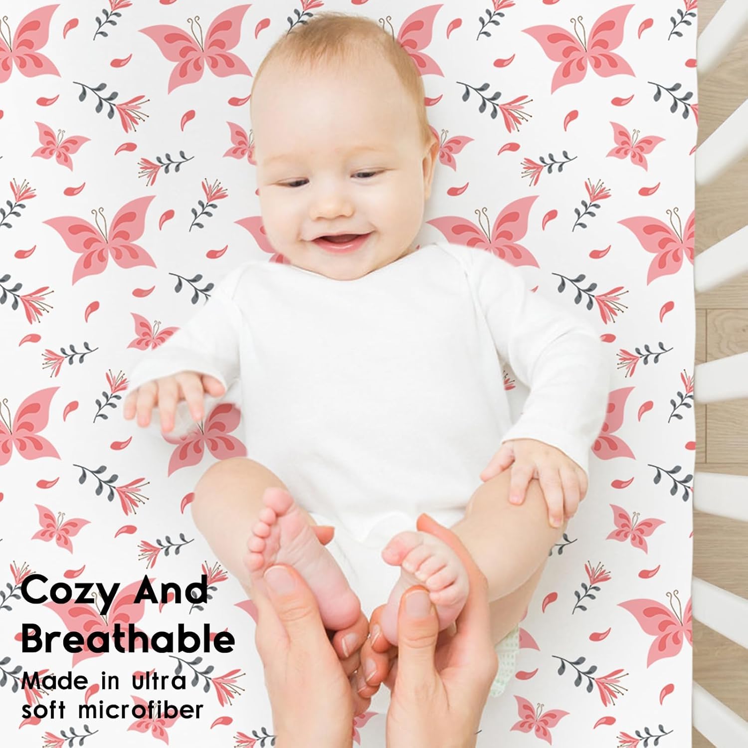 Yoofoss Fitted Pack and Play Sheets - Soft, Breathable Mini Crib Sheets 2-Pack (Pink & Butterflies)