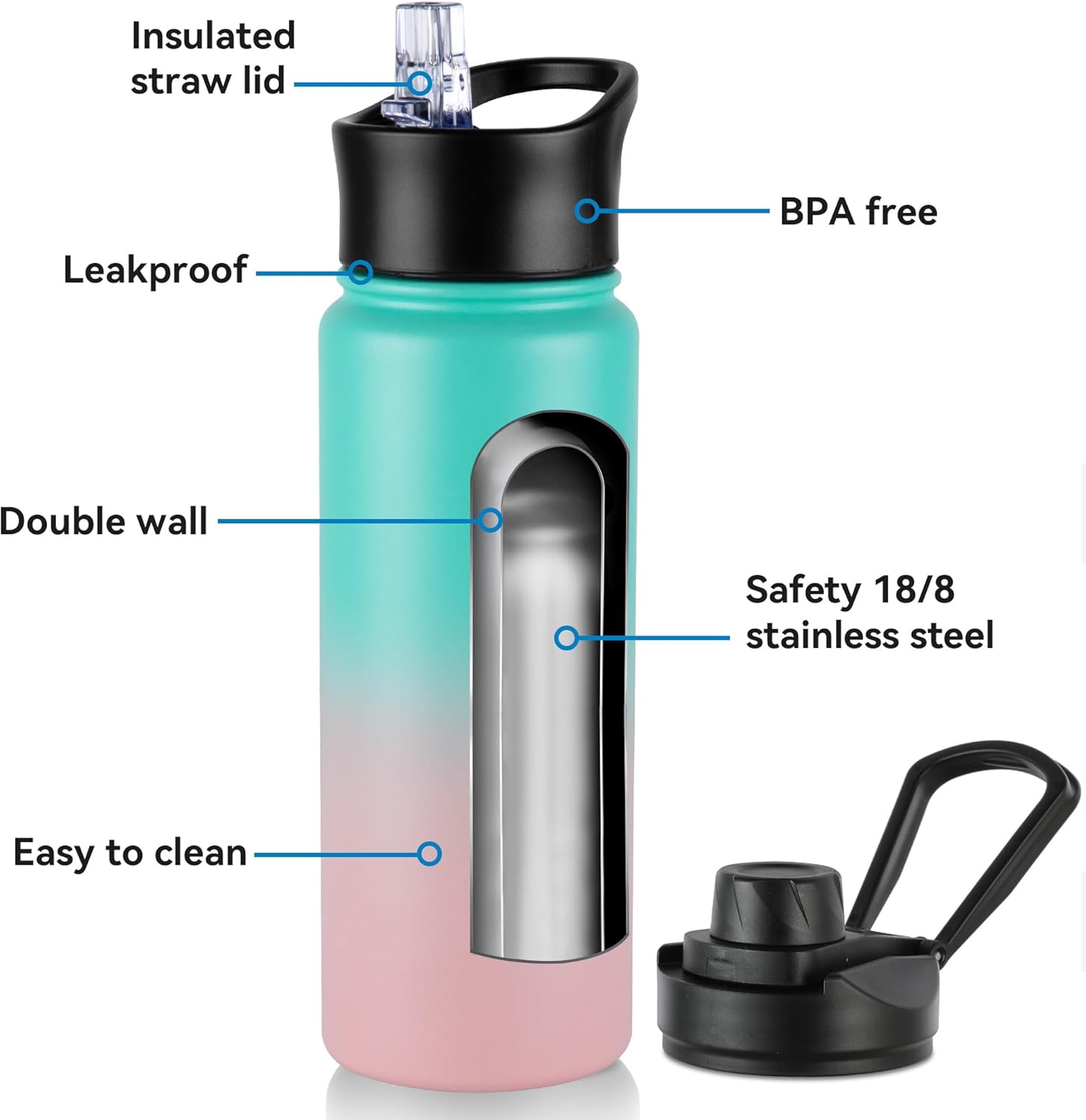 Skiennix 24oz Insulated Water Bottle - Stainless Steel with Straw Lid | Double Wall Vacuum for Hiking & Camping - Bubble Gum