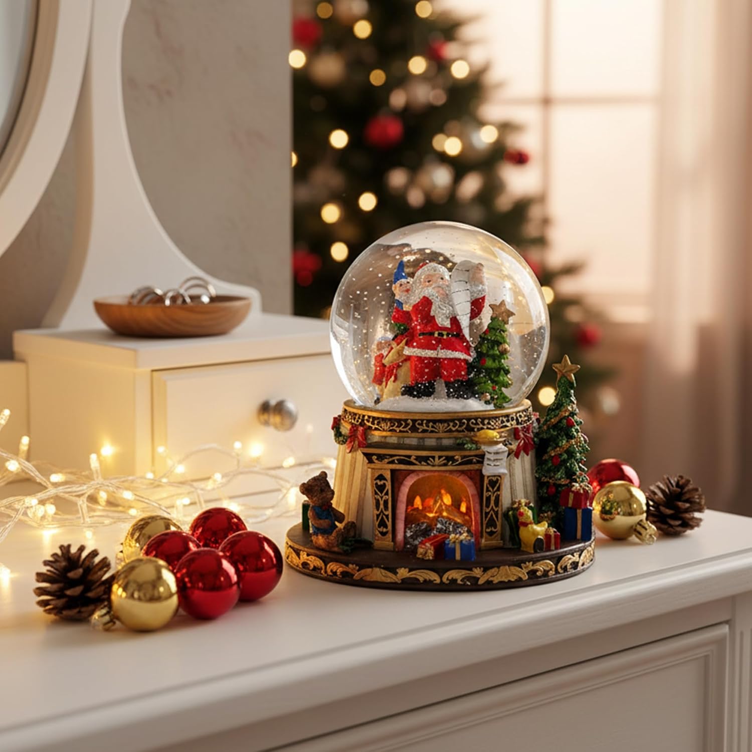 **Regine Switzerland Musical Snow Globe - Santa Claus Fireplace with Automatic Snowfall & Music | 8 Classic Christmas Tunes**