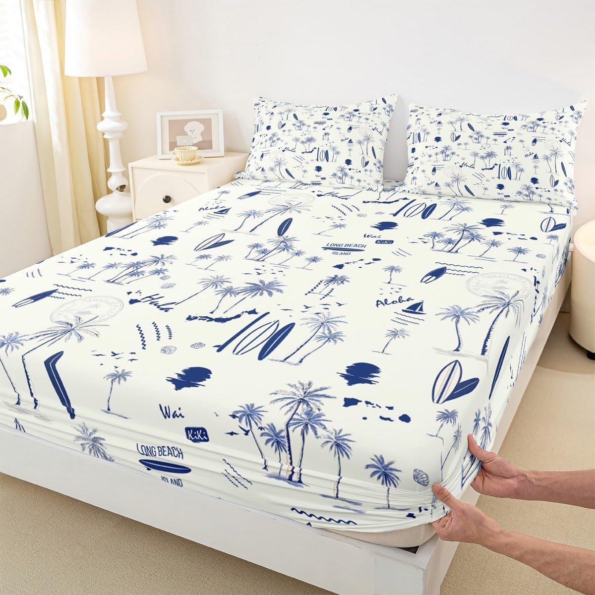 Coastal Beach Sheet Set King Size,Surfboard Sailboat Palm Tree Bedding Set 4Pcs for Kids Girls Boys Teens Room Decor Summer Ocean Life Bed Sheet Navy Blue White Fitted + Flat Sheet,2 Pillowcases