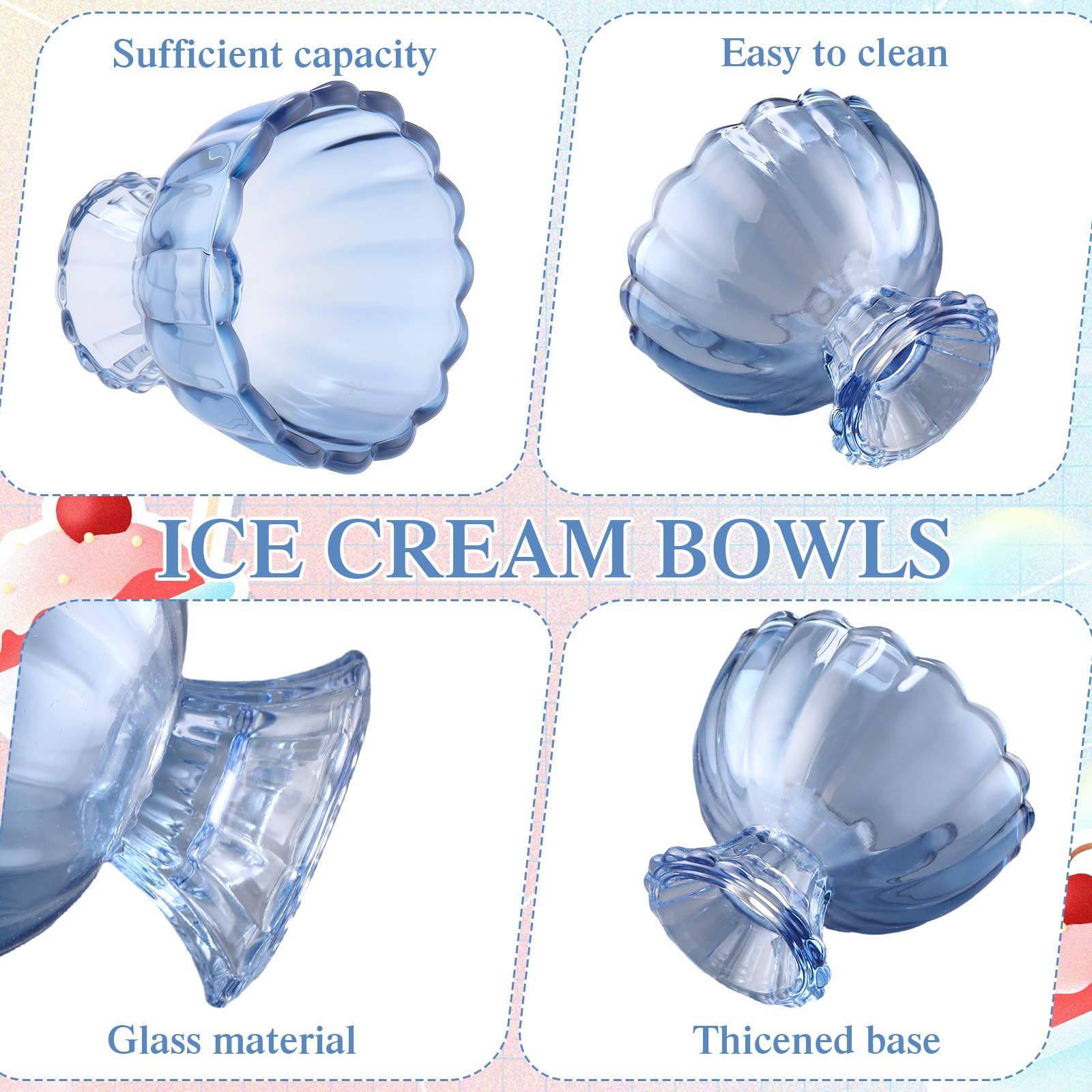 Potchen 12 Packs Small Blue Glass Ice Cream Bowls 5 oz Sundae Glasses Dessert Cups Clear Blue Tulip Ice Cream Glasses for Trifle Salad Sundae Cake Pudding Dinner Wedding Holiday Party