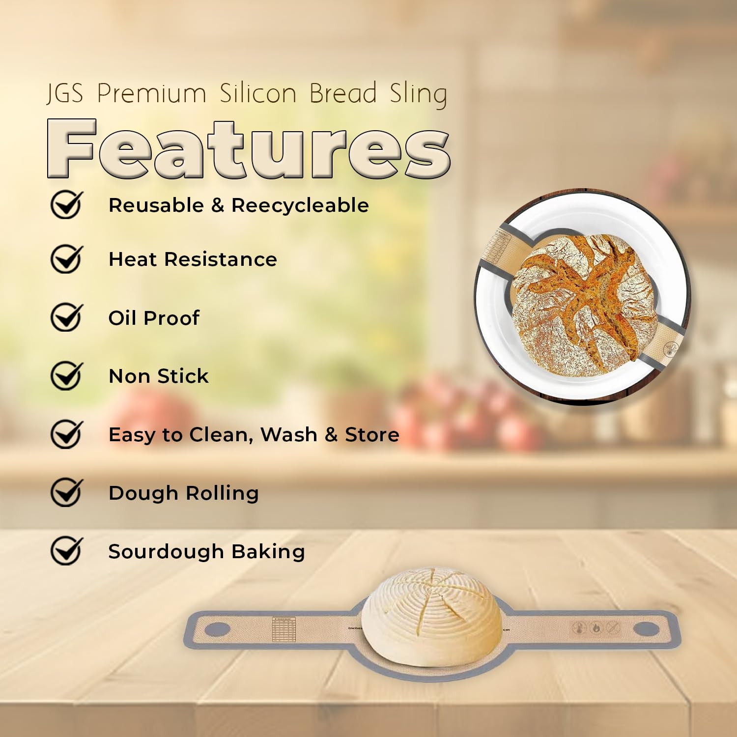 Silicone Bread Sling For Dutch Oven,Reusable Baking Mat,Sourdough Bread Baking Supplies,Non Stick & Easy to Clean Sheet Liner,Silicon Long Handle With Scraper For Sourdough,Oiling Brush,Pack of 5