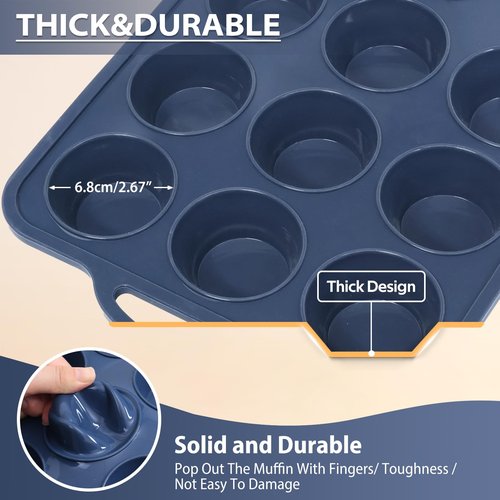 Vnray 2 Pack Silicone Muffin Pan 12 and 24 Cup with Metal Frame,Non Stick Silicone Mini Cupcake Pan with Handles, BPA Free Silicon Regular Muffin Tin Tray Small for baking, egg bites, Mold Grey