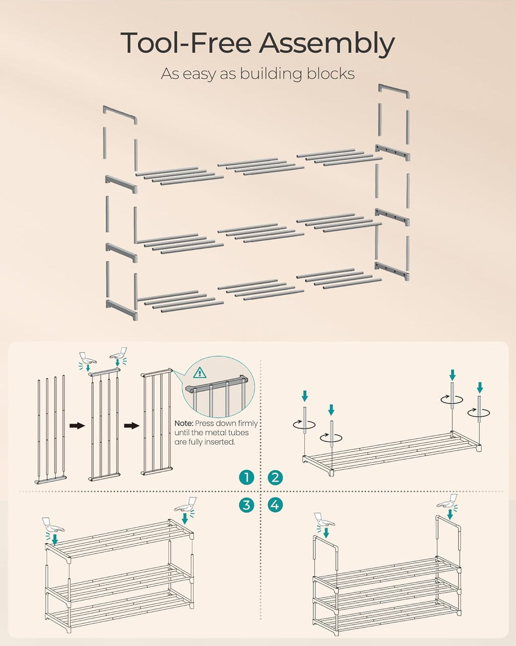 SONGMICS 3-Tier Shoe Rack - Stackable Metal Organizer for 16-20 Pairs | Gray, 11.8 x 36.2 x 21.7 Inches